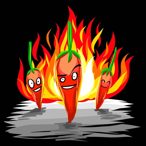 Chili Peppers Team Standing Flame Free Style Hand Draw Vector — Stock Vector