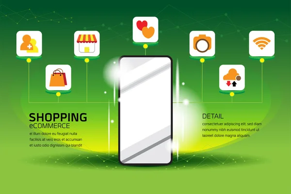 Smartfon Dla Commerce Tłem Technologii Obecny Dla Commerce Zakupów Online — Wektor stockowy