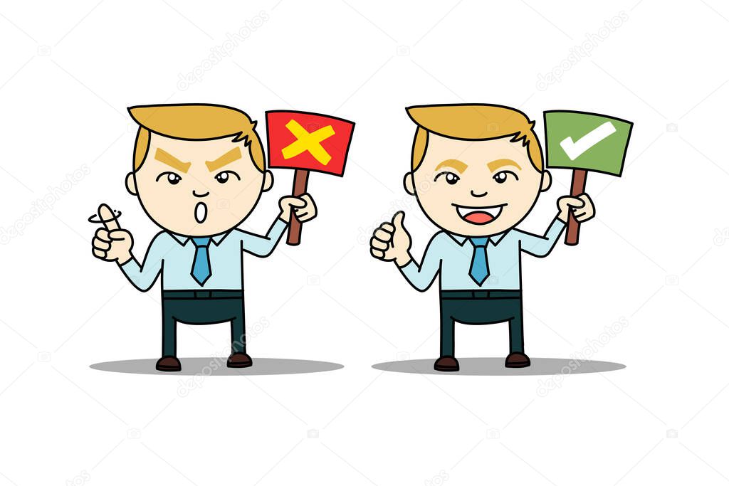 Worker business man with true and fault signs
