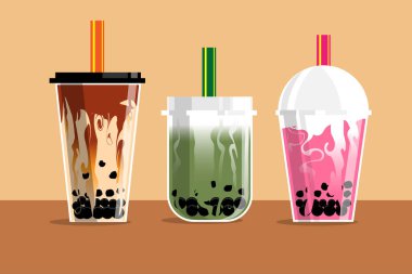 Köpüklü Süt Çayı seti, Çikolata, Kiraz yeşili çay ve tatlı pembe aromalı. Tayland 'ın, Tayvan' ın ve tüm dünyanın en ünlü içkisi. Tapioca 'dan yapılmış siyah jöle. Katmanlı vektör illüstrasyonu.