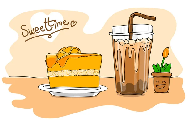 Buzlu Kahve Çay Fincanlı Turuncu Kek Tatlı Tatlı Hakkında Çizim — Stok Vektör
