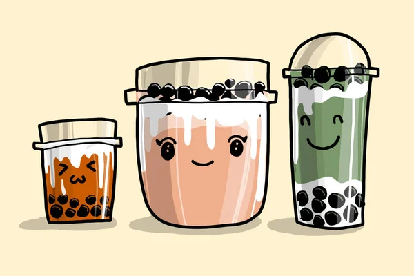 Drei Bubble Tea Tassen Oder Perlentee Zeichnen Von Vektorillustrationen Kawaii — Stockvektor