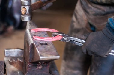 Atların toynakları kadar onları koymadan önce yanan at ayakkabı şekillendirme demirci.