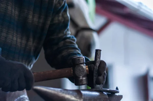 Blacksmith Shaping Burning Horse Shoes Putting Them Horses Hooves — Stock Photo, Image