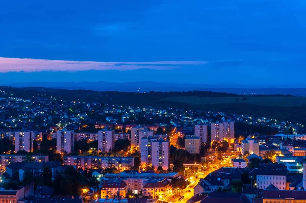 Colorful landscape view over Miskolc, Hungary, Europe at night.