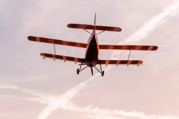 Beskåda på ett gammalt flygplan som flyger under solnedgången — Stockfoto