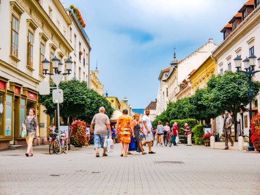 Gyor 'daki Baross Gabor caddesinde yürüyen insanları izleyin.