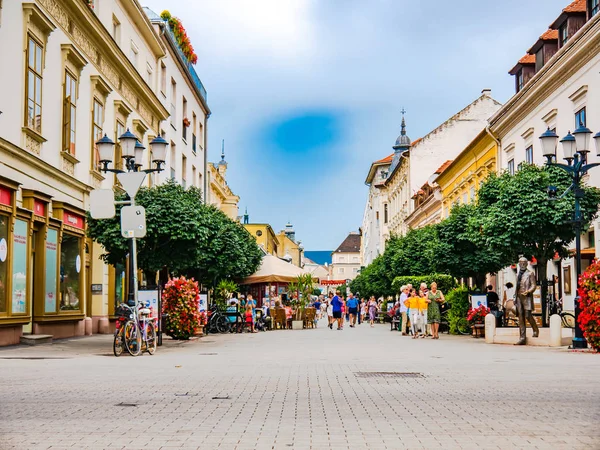 Gyor 'daki Baross Gabor caddesinde yürüyen insanları izleyin.