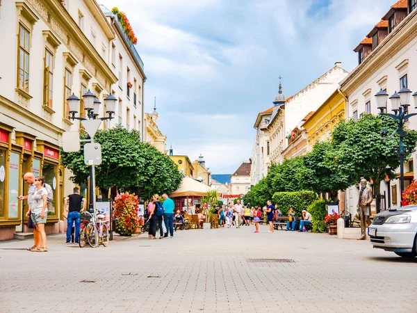 Gyor 'daki Baross Gabor caddesinde yürüyen insanları izleyin.