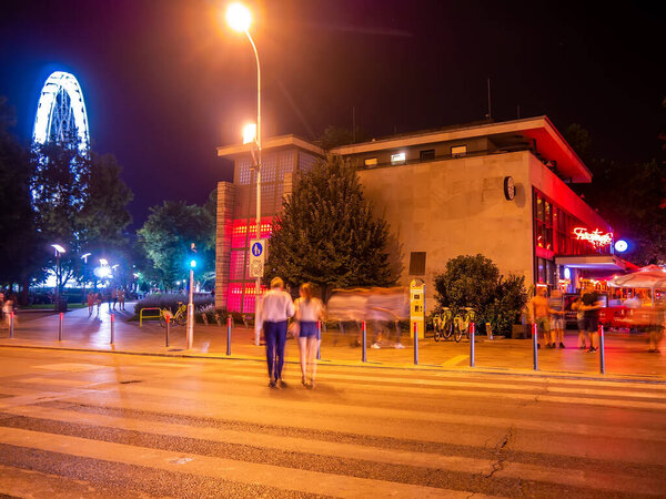 BUDAPEST, HUNGARY - AUGUST 22, 2020: View on the nightlife and the people of Budapest on the Elisabeth square at a summer night.