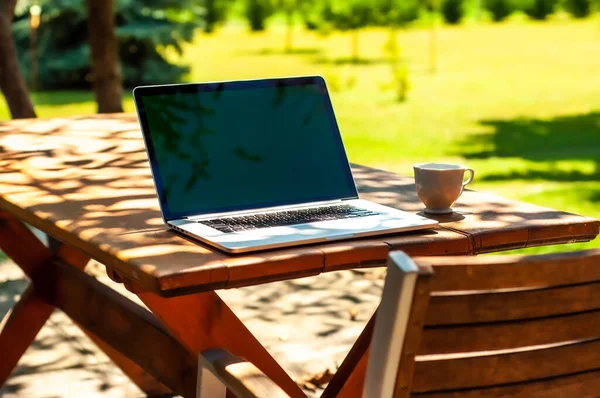 Güneşli bir günde ev ofisinin ya da ev okulunun bahçesindeki bir masada dizüstü bilgisayar ve kahve fincanına bakın..