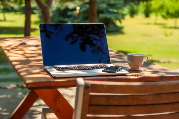 Güneşli bir günde ev ofisinin ya da ev okulunun bahçesindeki bir masada dizüstü bilgisayarlı bilgisayar, akıllı telefon ve kahve fincanı görüntüle.