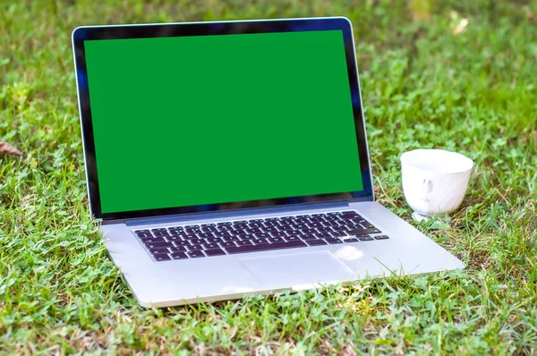 View on a laptop pc with a green screen and a coffee mug on the grass in the garden in a home office or home school enviroment on a sunny day.