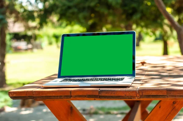 View on a laptop pc with a green screen on a table in the garden in a home office or home school enviroment on a sunny day.