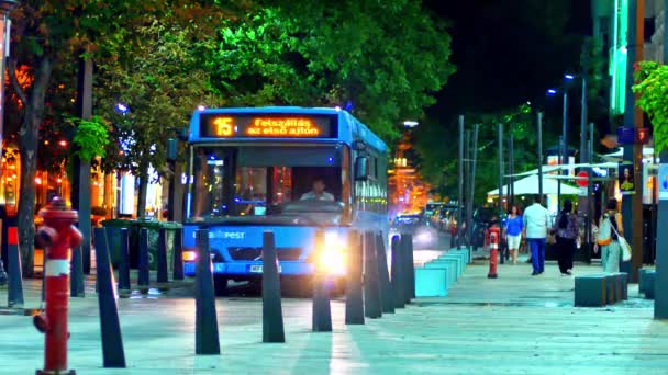 BUDAPEST, HONGARIJE - AUGUST 30, 2019: Uitzicht op de wandelaars en de bus 's nachts op het Egyetem plein in Boedapest, Hongarije. — Stockvideo