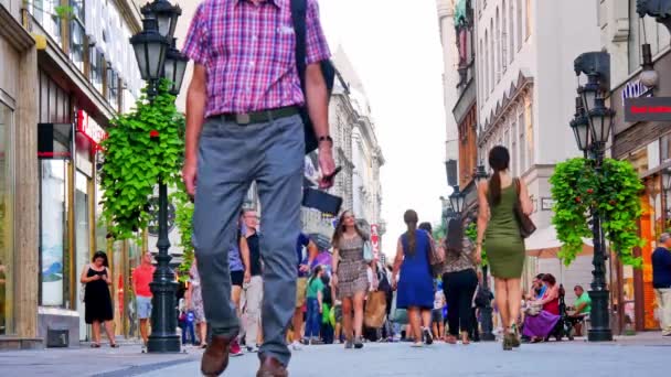 BUDAPEST, HUNGRÍA - 30 de agosto de 2019: Vista de la gente caminando por la calle Vaci en una tarde de verano en Budapest, Hungría. — Vídeos de Stock