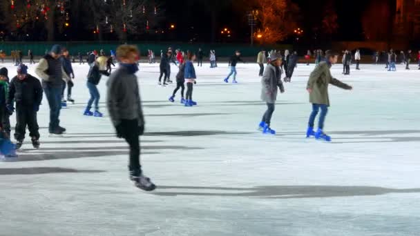 BUDAPEST, HUNGRÍA - 30 DE NOVIEMBRE DE 2019: La gente patina en la pista de patinaje sobre hielo The City Park en Budapest, Hungría. — Vídeos de Stock