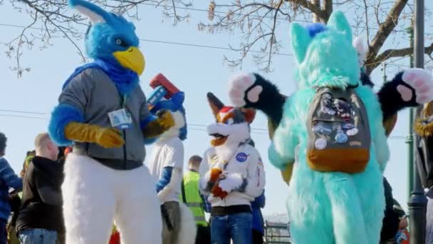 BUDAPEST, HONGRIE - 01 FÉVRIER 2020 : Des gens vêtus d'un costume d'animal appelé danse à poil dans les rues de Budapest lors de l'événement Farsang Carnaval par une journée ensoleillée en Hongrie. — Video