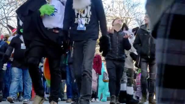 BUDAPEST, HUNGRÍA - 01 DE FEBRERO DE 2020: Las personas vestidas con un disfraz de animal llamado como peludo caminando por las calles de Budapest durante el evento Carnaval de Farsang en un día soleado en Hungría. — Vídeos de Stock