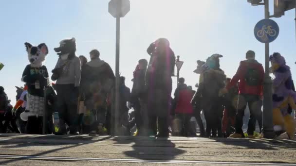 BUDAPEST, HUNGRÍA - 01 DE FEBRERO DE 2020: Las personas vestidas con un disfraz de animal llamado como peludo caminando por las calles de Budapest durante el evento Carnaval de Farsang en un día soleado en Hungría. — Vídeos de Stock