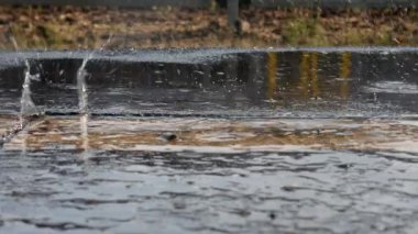 Şiddetli bir yağmur sahnesinde betonun üzerindeki yağmur damlalarının yakın görüntüsü.
