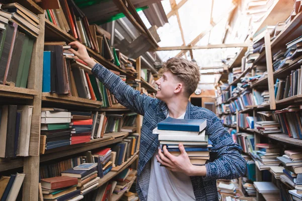 Portrait Positive Student Who Takes Books Bookshelves Old Cozy Library — Stock Photo, Image