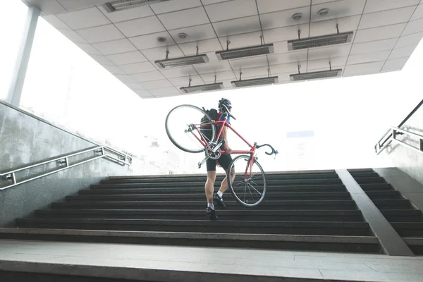 Cyclist Sports Wear Out Metro Bicycle His Hands Man Comes — Stock Photo, Image