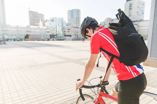 Portrait Male Rider Bicycle Background City Man Cyclist Rides Bike — Stock Photo, Image