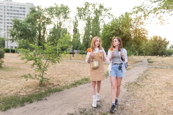 Portrait Full Length Two Stylish Girls Walking Park Attractive Girlfriends — Stock Photo, Image