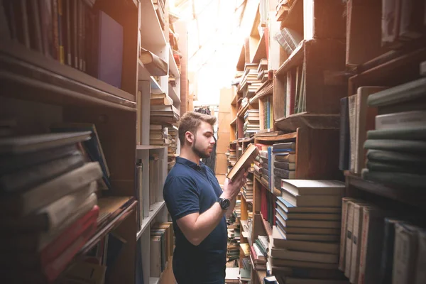 Portrait Bearded Man Reading Book Old Public Library Student Looking — Stock Photo, Image