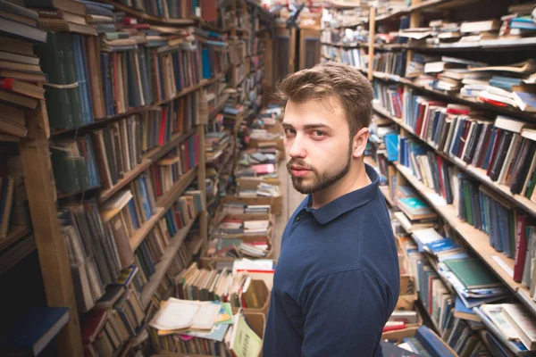 Portrait Man Beard Standing Background Atmospheric Public Library Looking Camera — Stock Photo, Image