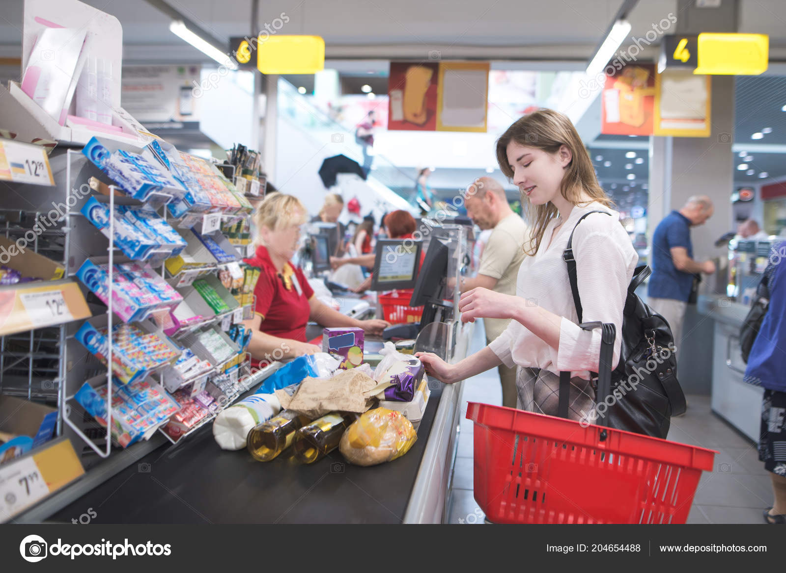 Girl Stands Supermarket Waits Queue Pays Purchases Supermarket