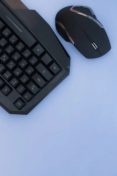 Black mouse and keyboard on a blue background, top view. Workplace, mouse and keyboard flat lay. Computer devices