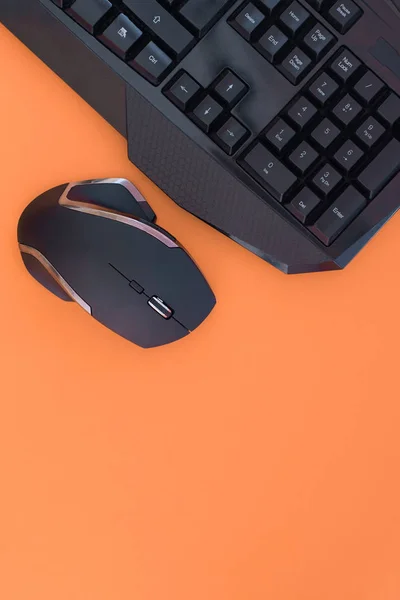 Svart Mus Tangentbord Isolerad Orange Bakgrund Ovanifrån Lägenheten Låg Gamer — Stockfoto