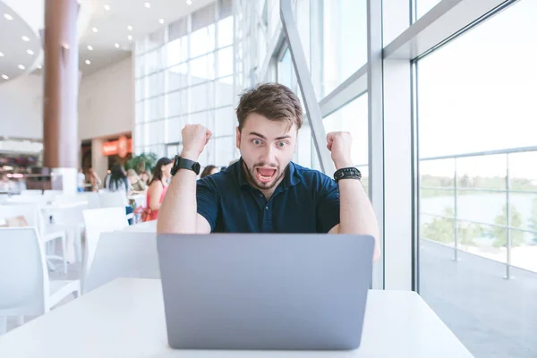 Happy Businessman Beard Sitting Cafe Enjoying Notebook Attractive Emotional Man — Stock Photo, Image