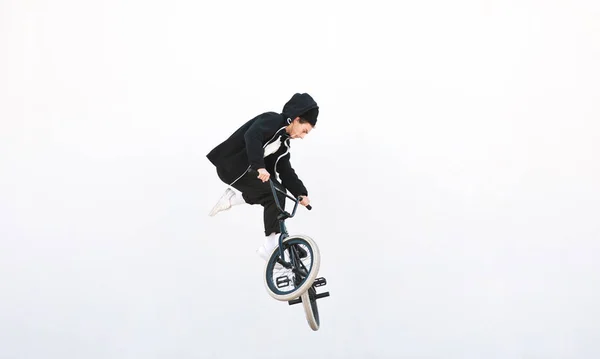 Bmx Rider Makes Tailwhip Trick White Background Young Man Doing — Stock Photo, Image