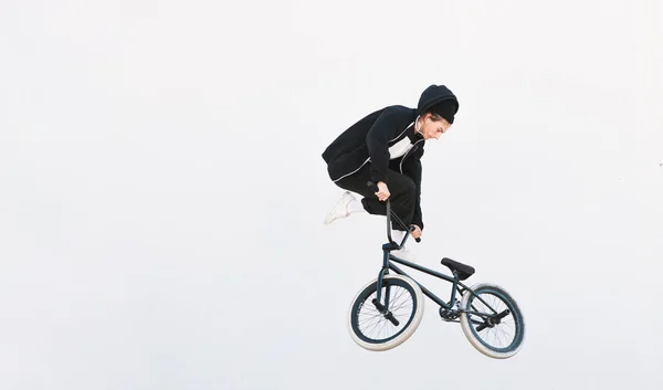 Young Man Casual Clothing Makes Trick Bmx Bike Isolated White — Stock Photo, Image