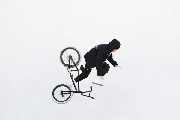 Bmx Rider Falls Dark Background White Background Bmx Cyclist Flying — Stock Photo, Image