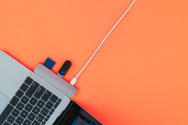 Modern dizüstü bilgisayar, Usb Type-C adaptörü flash ve kırmızı arka plan üzerinde şarj ile. Teknoloji kavramı. Bağdaştırıcı için yeni standartlar.