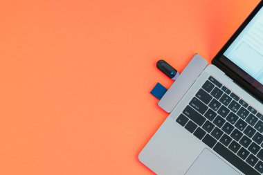 Modern dizüstü bilgisayar Usb türü-C adaptörü ve birden parlamak götürmek ile kırmızı bir arka plan üzerinde izole. Teknoloji kavramı. Boşaltmak