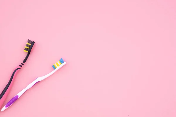 Two Toothbrushes Isolated Pink Background Copyspace Flat Lay Dental Care — Stock Photo, Image