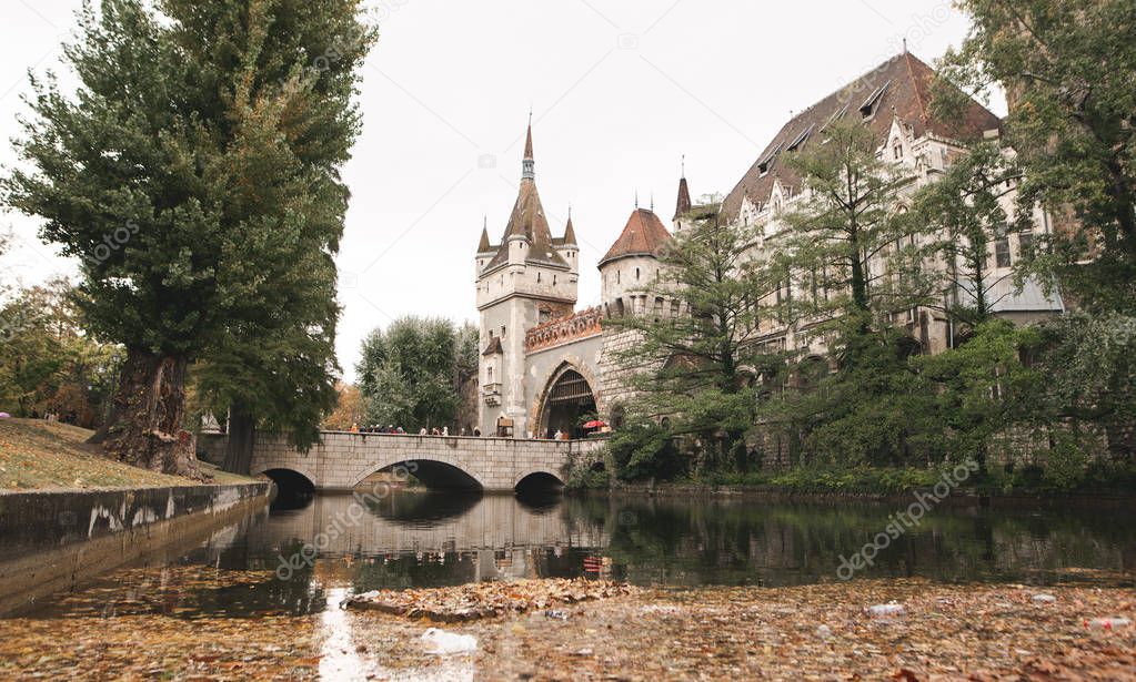 Autumn landscape Vajdahunyad Castle, also known as Dracula's castle. Budapest, Hungary