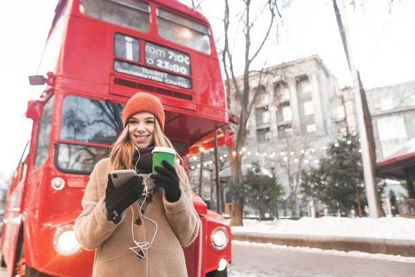 Smiling Girl Warm Clothes Stands Street Winter Day Cup Coffee — Stock Photo, Image