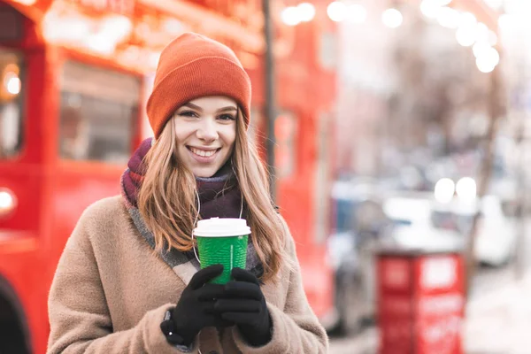 Cozy Portrait Smiling Girl Covered Plaid Cup Coffee His Hands — Stock Photo, Image