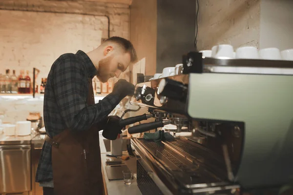 Portrait Bearded Man Barista Steaming Milk Professional Coffee Machine Process — Stock Photo, Image