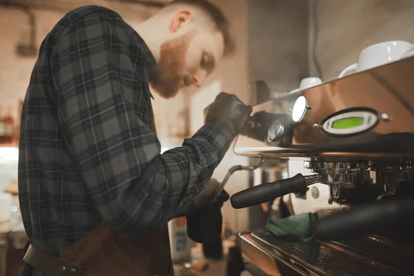 Portrait Barista Husband Steaming Milk Cappuccino Professional Coffee Machine Concentrated — Stock Photo, Image