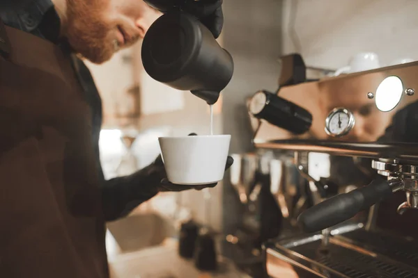 Barista Mixes Milk Coffee Prepares Cappuccino Cozy Coffee Shop Close — Stock Photo, Image
