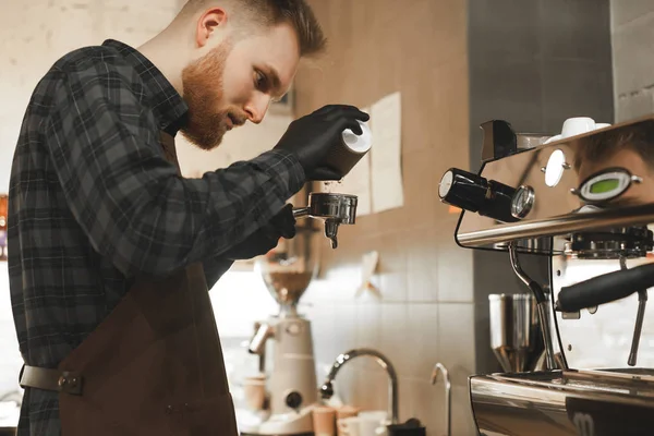Coffee Shop Owner Pouring Coffee Portafiler Coffee Machine Bearded Barista — Stock Photo, Image