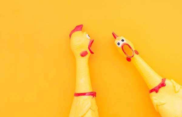 Two Rubber Chicken Toys on a yellow Background and Copyspace. Sc