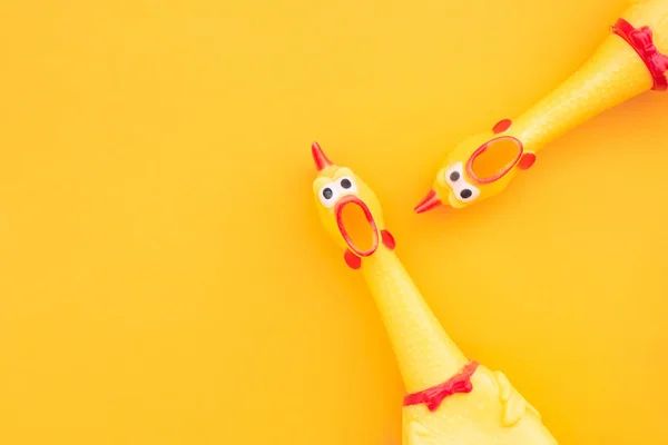 Två gummi kyckling leksaker på en gul bakgrund och copyspace. Skrikande gummi kyckling leksak på orange bakgrund — Stockfoto